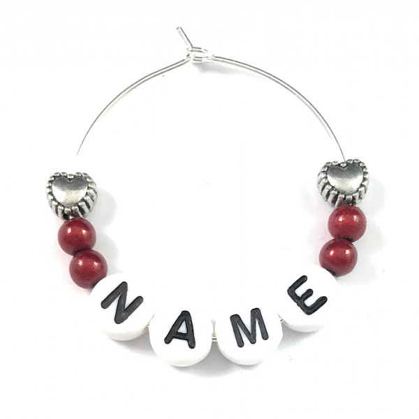 Personalised Name Wine Glass Charm with White Letters and Hearts